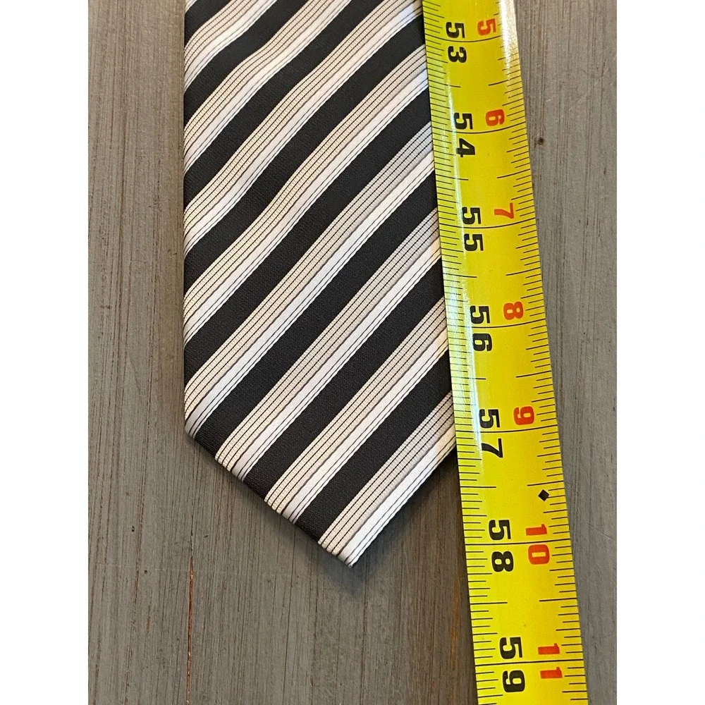 Bergamo New York Mens Necktie Black White Silver Striped Hand Made Polyester